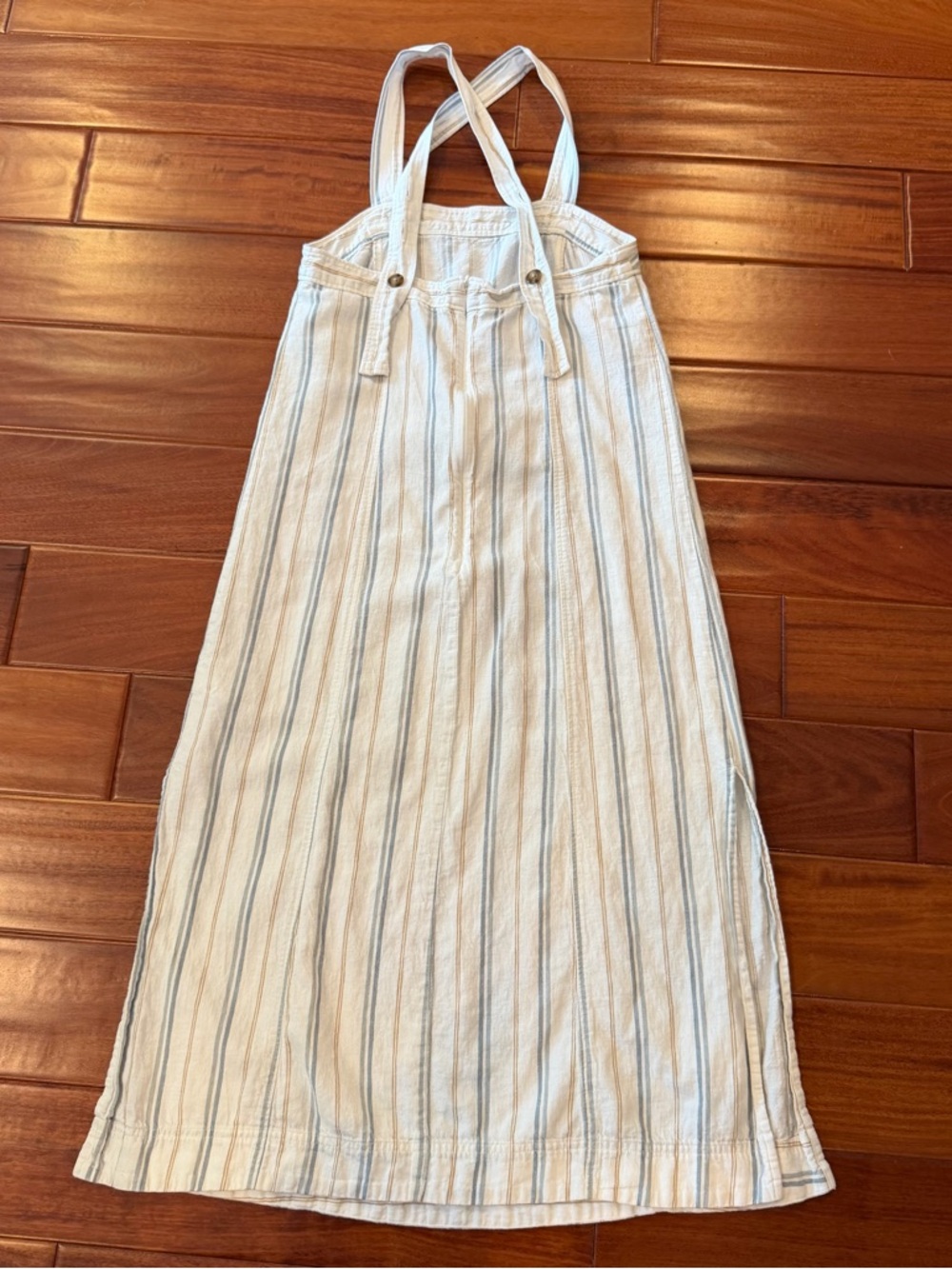 Madwell Linen-Cotton Princess-Seamed Midi Dress in Cream with Blue & Tan Stripes - Picture 3 of 6